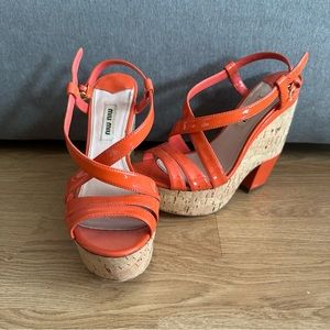 Miu Miu Size 36 Authentic Coral Cork Wedge Sandal